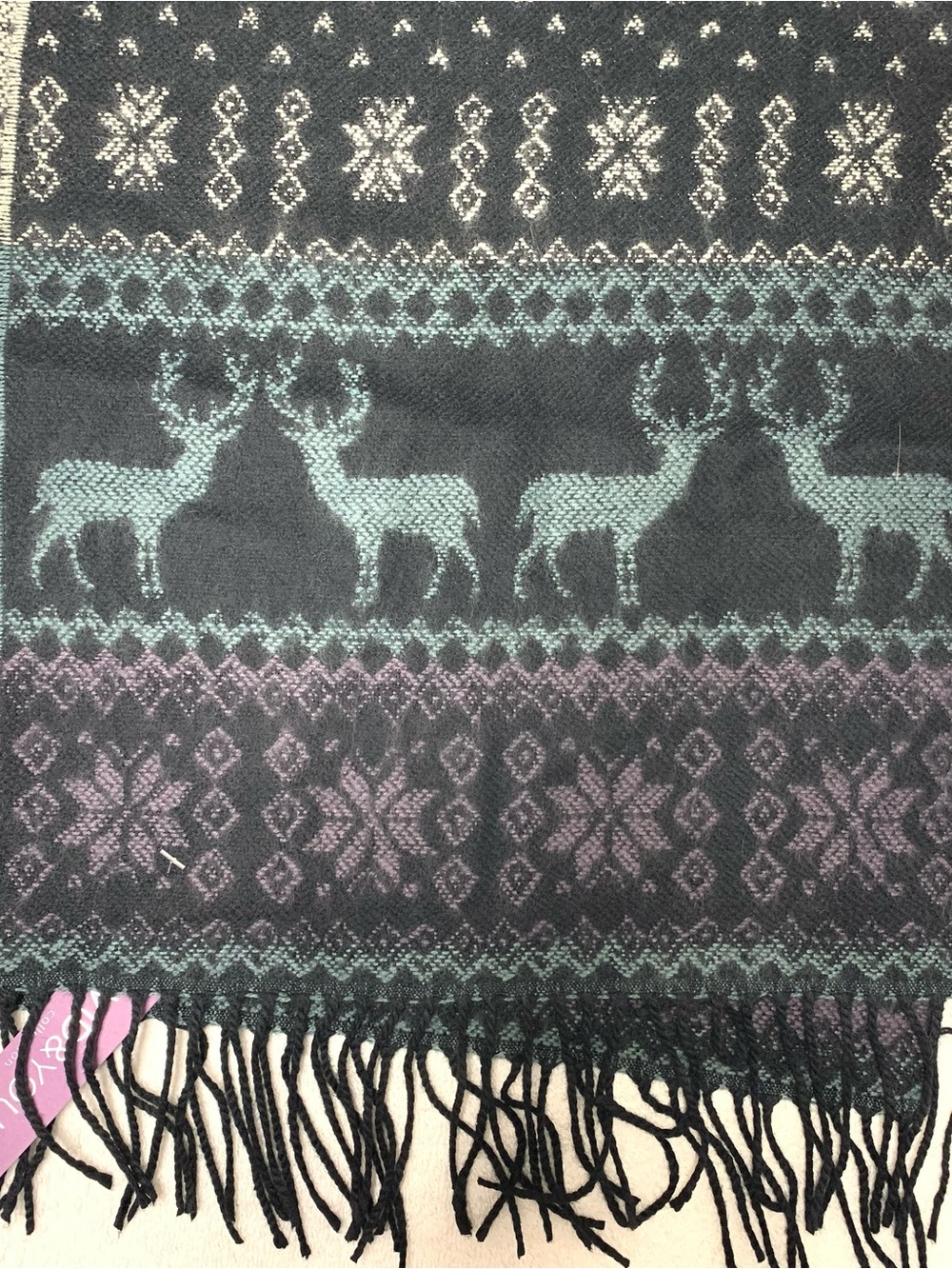 David & Young Softer Than Cashmere Fair Isle Scarf Reindeer Black Blue Purple